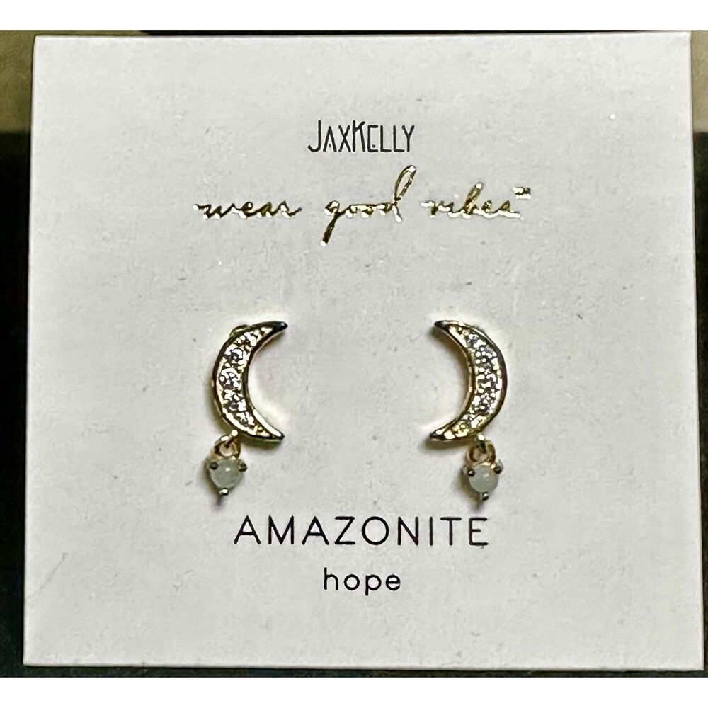 JaxKelly Amazonite Crescent Moon Stud Earrings CZ Gold Vermeil Sterling Hope